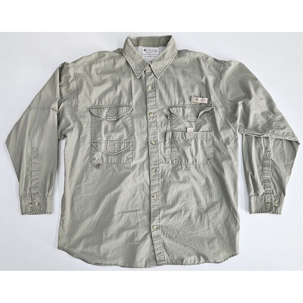Vintage Columbia PFG Mens X-Large Shirt, Collared, Button Up, Beige/Khaki